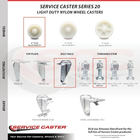Service Caster 3 Inch Nylon Wheel Swivel 3/8 Inch Threaded Stem Caster SCC-TS20S314-NYS-381615